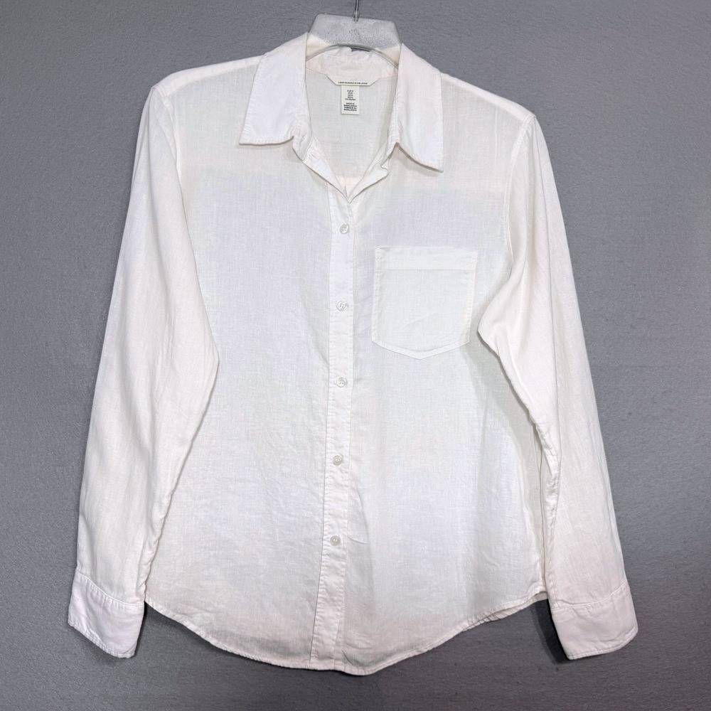 H&M‎ Women's White Button Top Size M Linen Blend Minimalist Classic Preppy